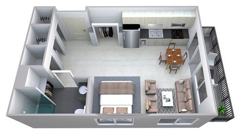 Floor plan for studio, 1 bath, 614 sqft